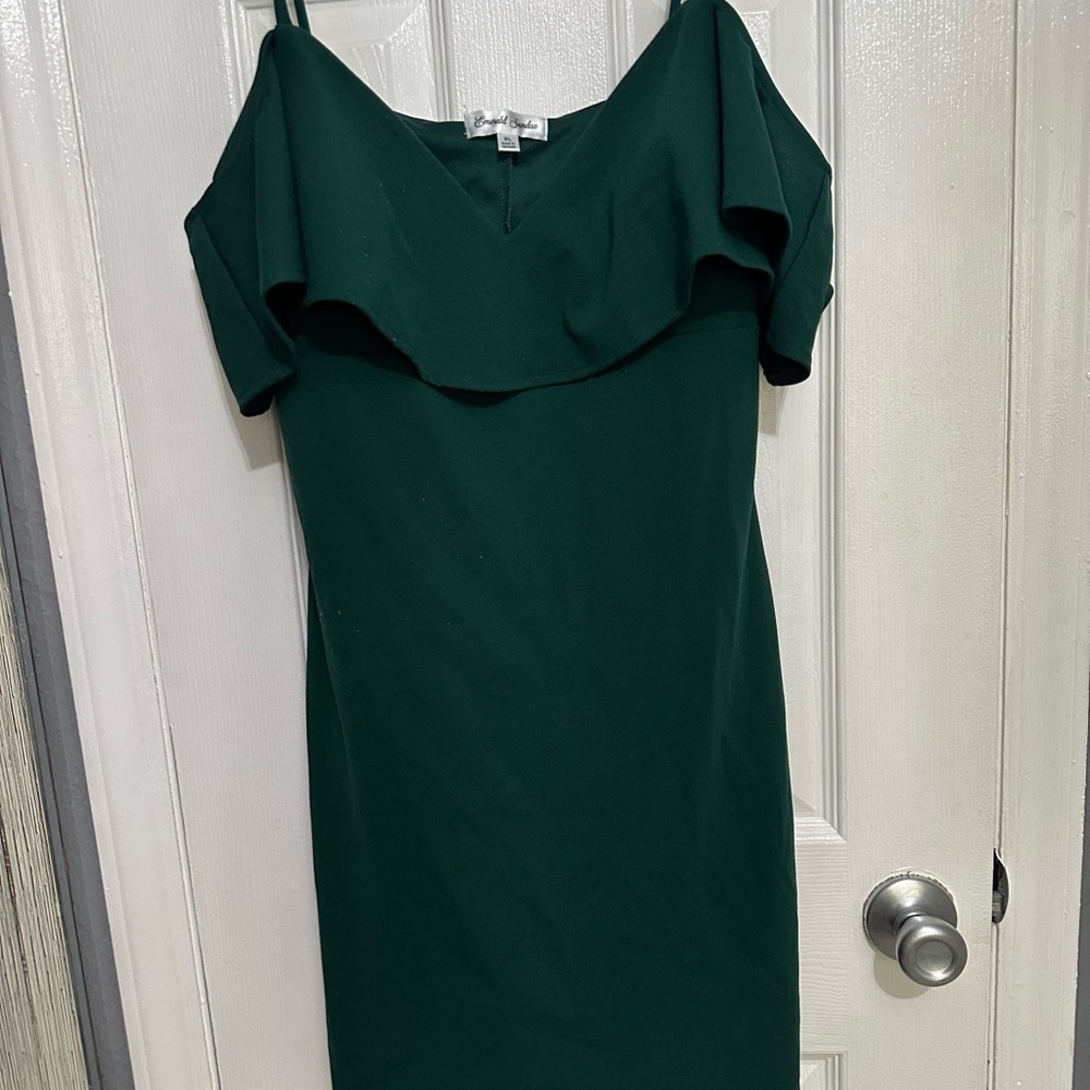 Emerald Sundae Dark Green off the shoulder Dress